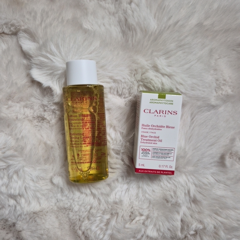 Beauty Bundle Clarins Blue Orchid Treatment Oil Hydrating Toning Lotion Travel ✨